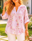 Split Neck Floral Roll-Tab Blouse