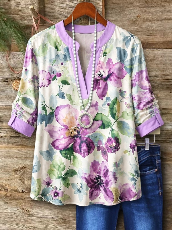 3/4 Sleeve Notch Neck Watercolor Floral Top