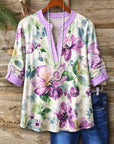 3/4 Sleeve Notch Neck Watercolor Floral Top