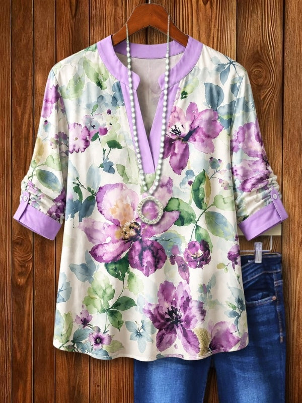 3/4 Sleeve Notch Neck Watercolor Floral Top