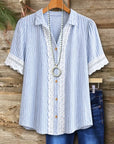 Striped Lace Trim Puff Sleeve Shirt