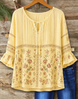 Pleated Tie-Neck Floral Blouse