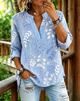 Botanical Print Roll-Tab Sleeve Blouse