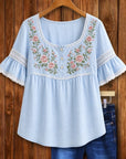 Floral Embroidered Lace Trim Flutter Sleeve Top