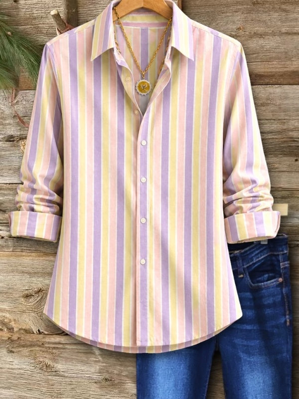 Cream Stripe Button-Front Collared Shirt