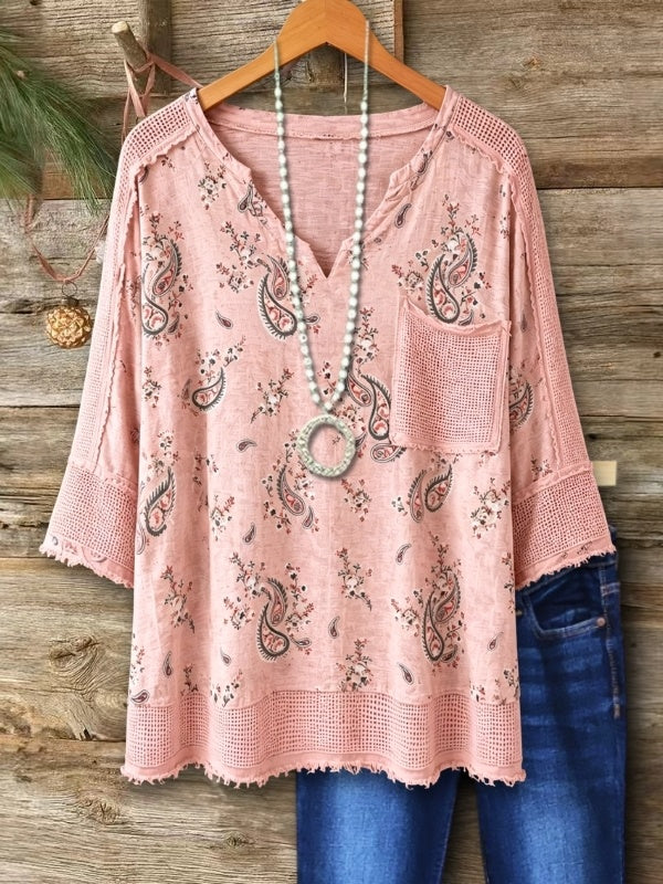Patchwork Mesh Trim Paisley Top - Blush