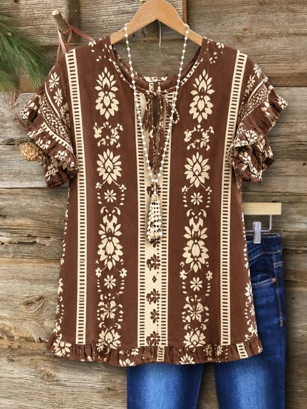 Ruffle Sleeve Boho Print Top