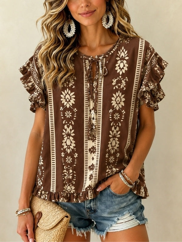 Ruffle Sleeve Boho Print Top