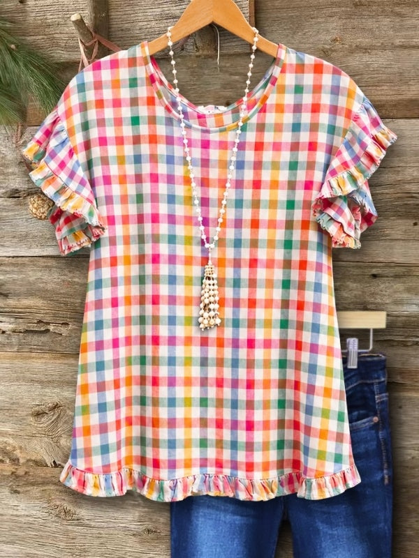 Ruffle Sleeve Gingham Print Top
