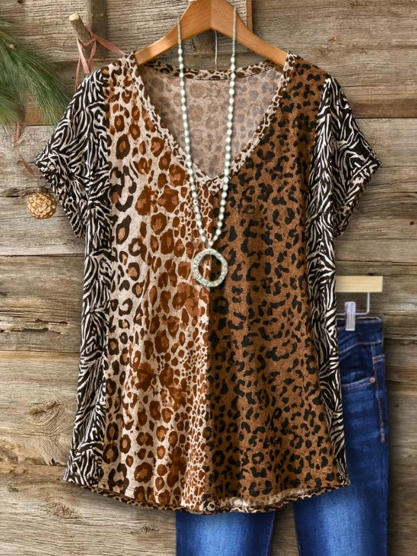 Mixed Animal Print V-Neck Tee