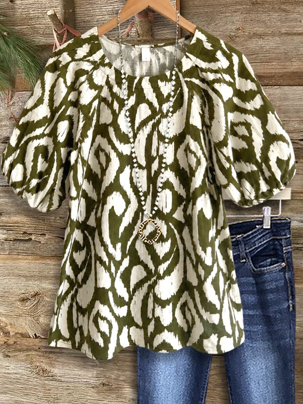 Olive Wild Bloom Bubble Sleeve Blouse