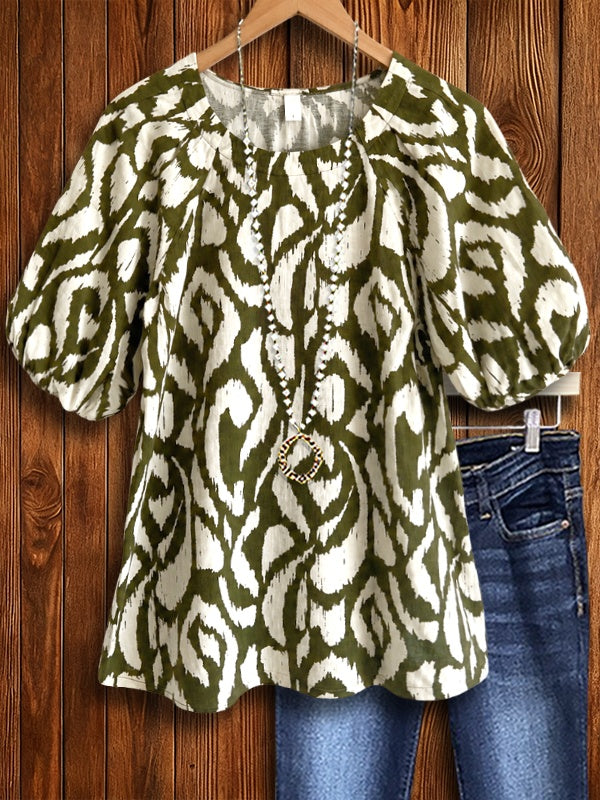 Olive Wild Bloom Bubble Sleeve Blouse
