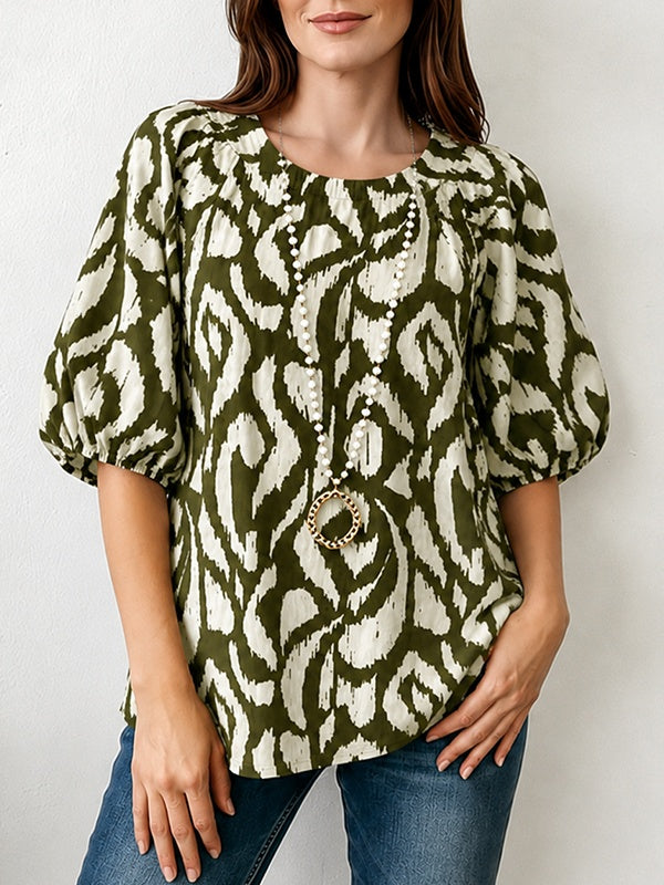 Olive Wild Bloom Bubble Sleeve Blouse