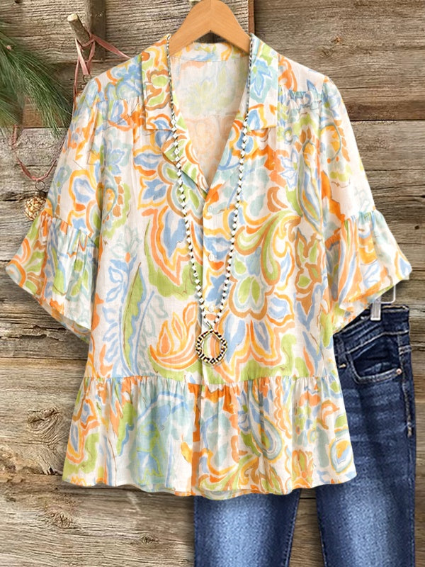Sunset Garden Ruffle Hem Blouse