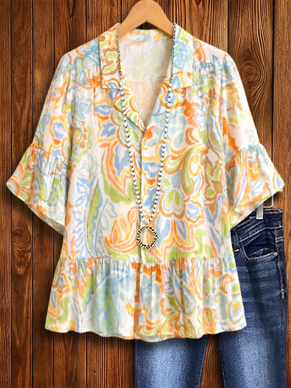 Sunset Garden Ruffle Hem Blouse