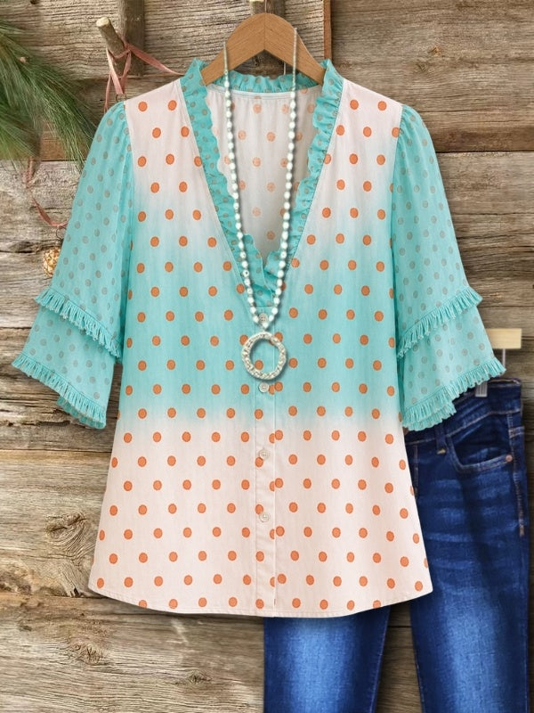 Polka Dot Patchwork Ruffle Sleeve Blouse