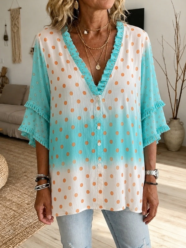 Polka Dot Patchwork Ruffle Sleeve Blouse