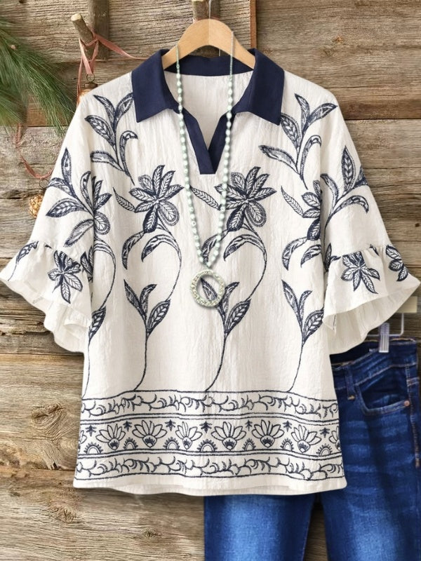Floral Print Ruffle Sleeve Polo Blouse