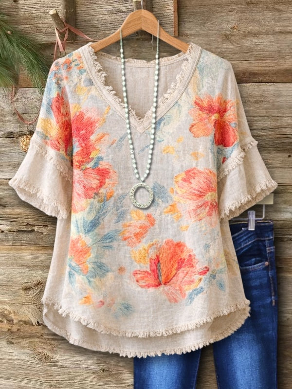 Floral Print Frayed Trim V-Neck Blouse