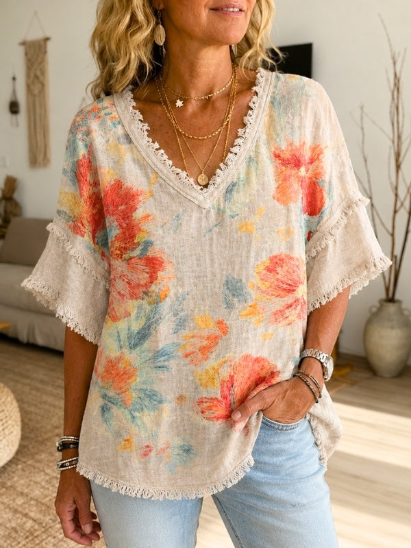 Floral Print Frayed Trim V-Neck Blouse
