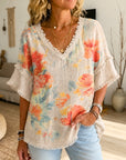 Floral Print Frayed Trim V-Neck Blouse