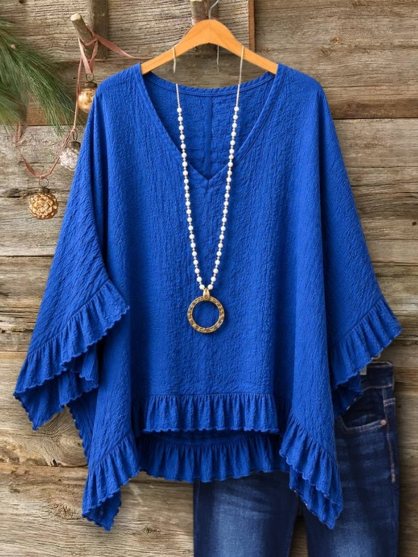 Ruffle Sleeve V-Neck Poncho Blouse