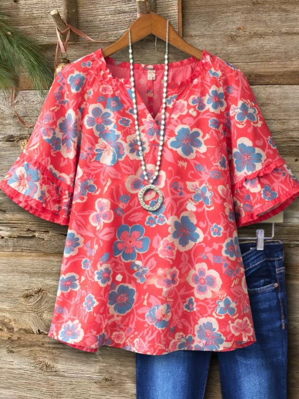 Floral Print Ruffle Sleeve Blouse