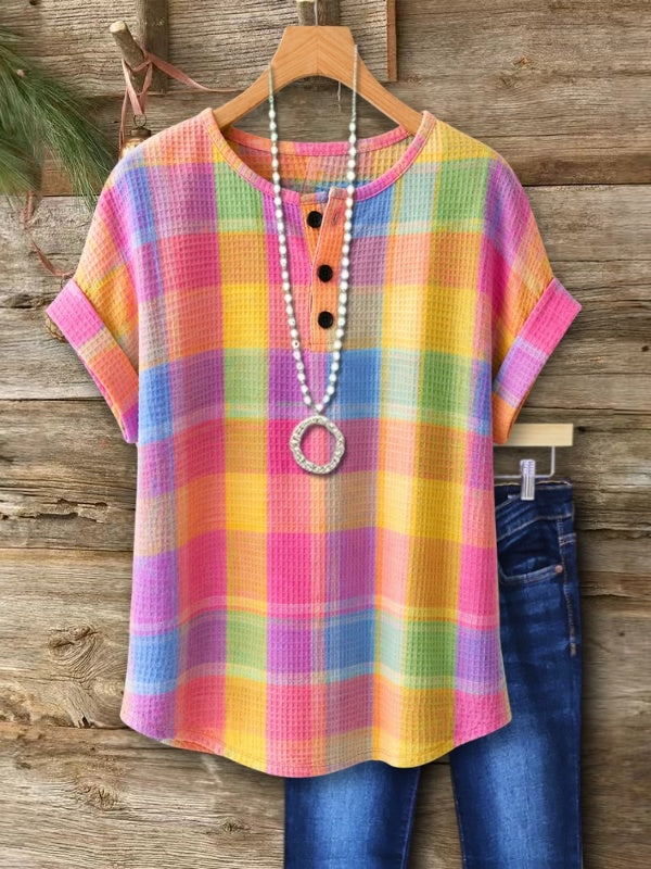 Rolled Cuff Henley Plaid Tee