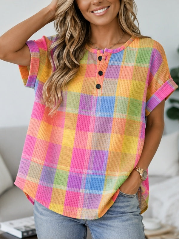 Rolled Cuff Henley Plaid Tee