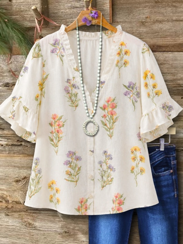 Ruffle V-Neck Floral Print Blouse