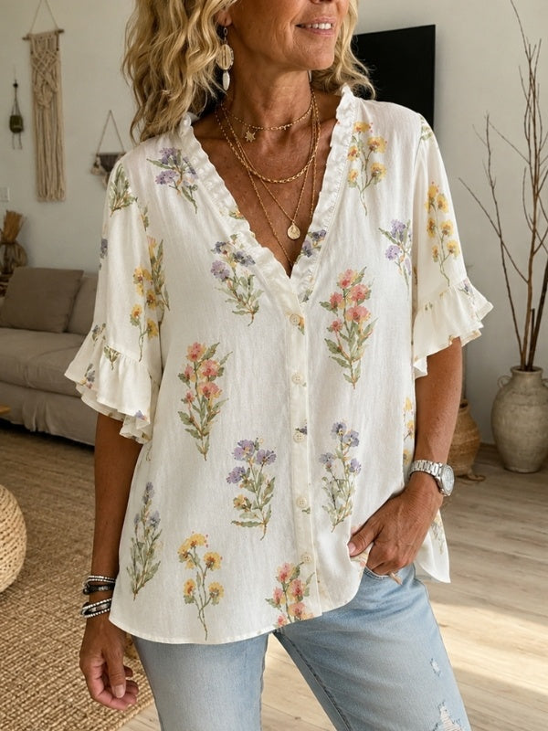 Ruffle V-Neck Floral Print Blouse