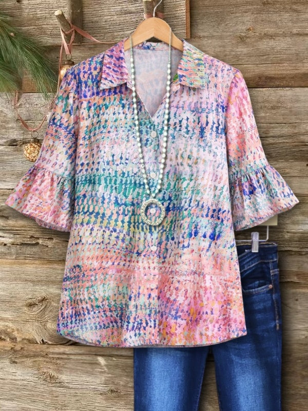 Flutter Sleeve Abstract Print Shirt
