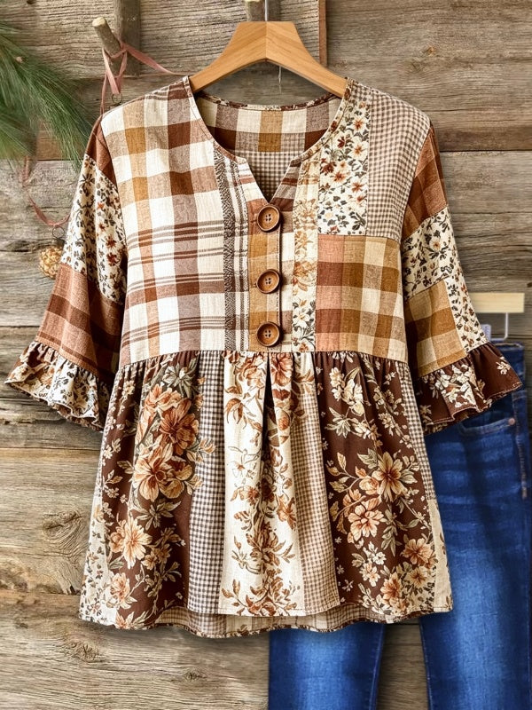 Bell Sleeve Floral Print Patchwork Blouse