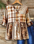 Bell Sleeve Floral Print Patchwork Blouse