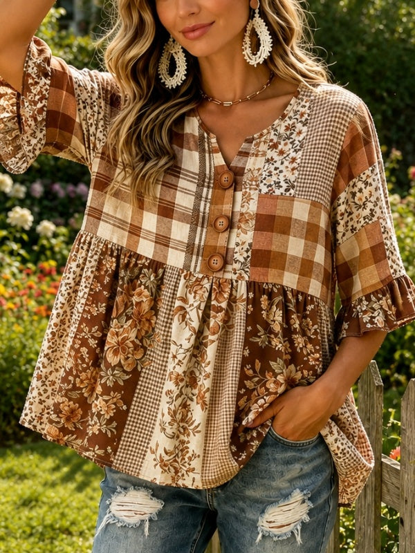 Bell Sleeve Floral Print Patchwork Blouse