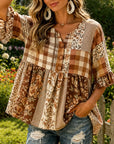 Bell Sleeve Floral Print Patchwork Blouse