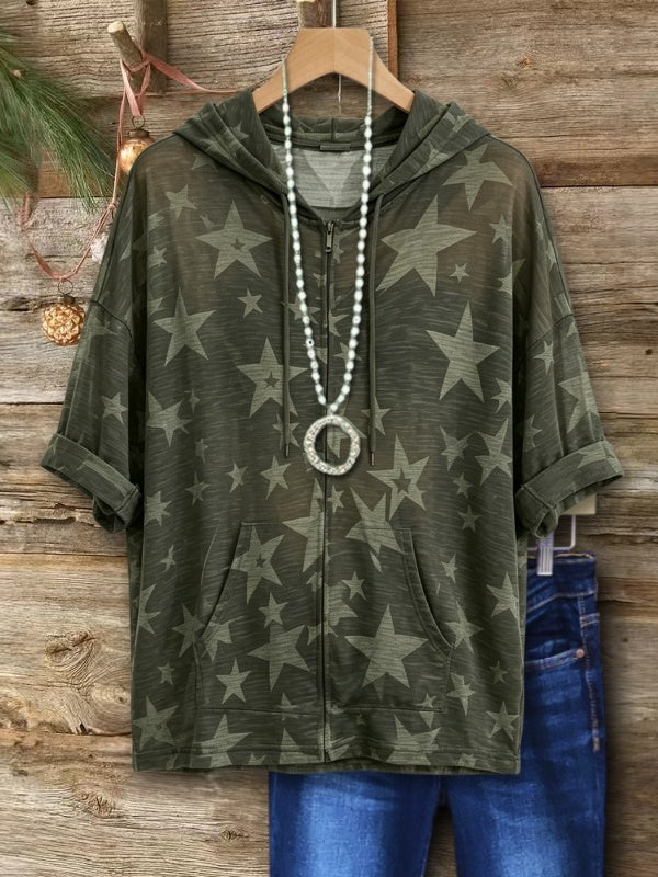 Rolled Sleeve Star Print Zip Hoodie