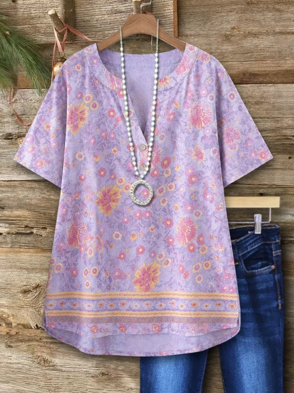 Notch V-Neck Floral Print Tunic