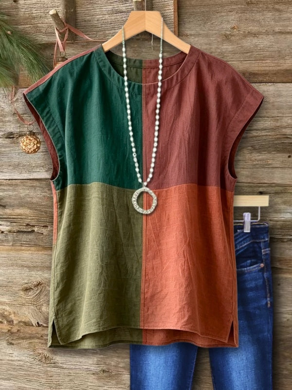 Color Block Patchwork Cap Sleeve Top
