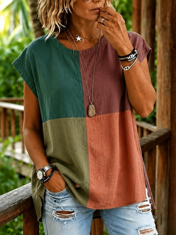 Color Block Patchwork Cap Sleeve Top
