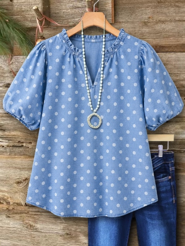 Polka Dot Puff Sleeve Split Neck Denim Blouse