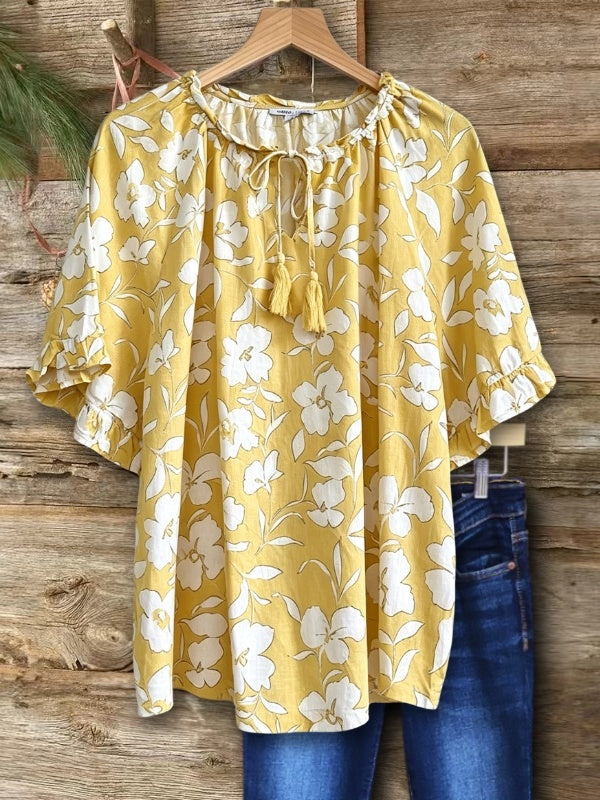 Floral Print Ruffle Neck Tassel Blouse