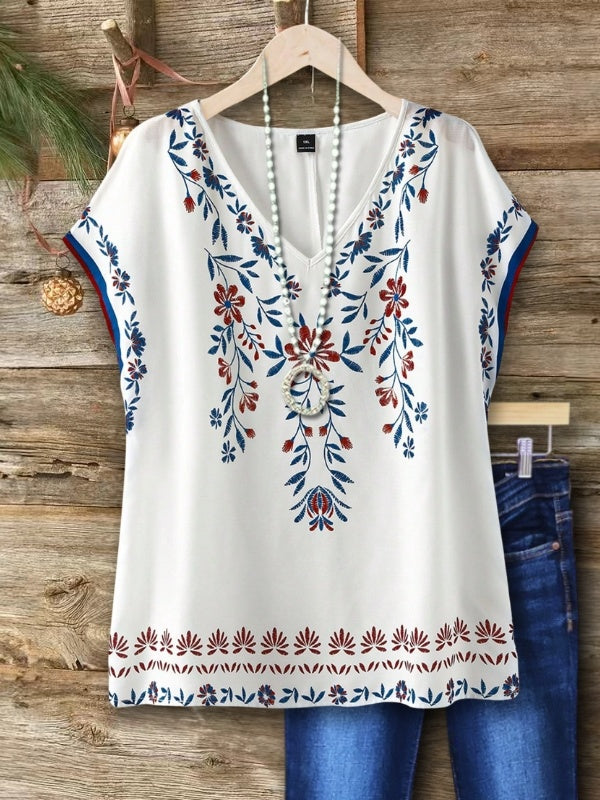Floral Print V-Neck Cap Sleeve Top