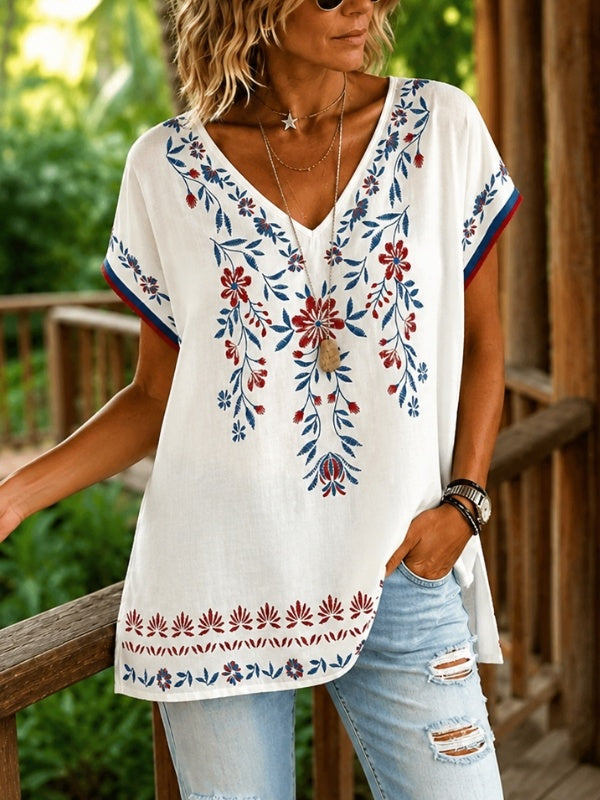 Floral Print V-Neck Cap Sleeve Top