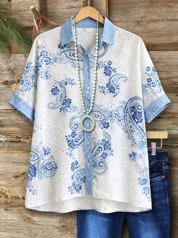 Floral Embroidery Denim Trim Shirt