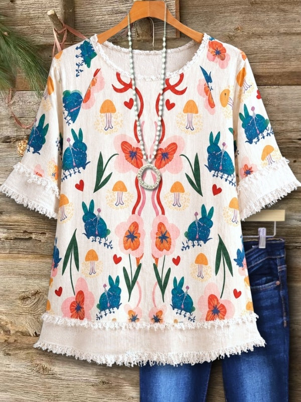 Patchwork Print Fringe Sleeve Top