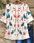 Patchwork Print Fringe Sleeve Top