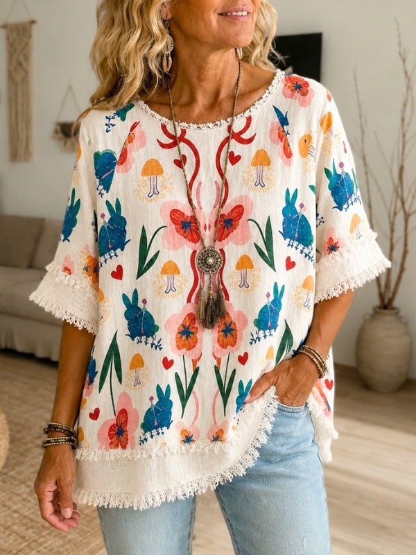 Patchwork Print Fringe Sleeve Top