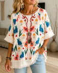 Patchwork Print Fringe Sleeve Top