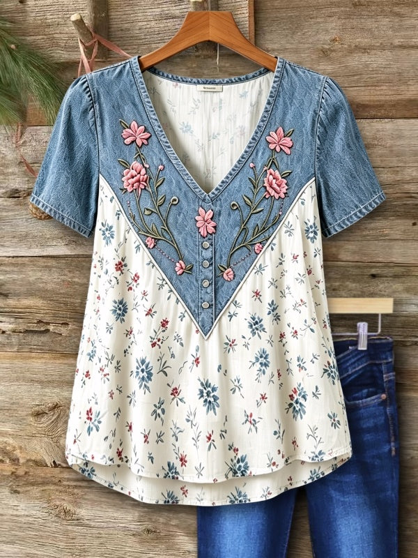 Floral Embroidery Denim V-Neck Top